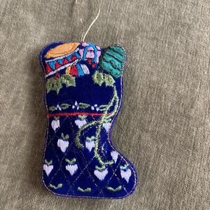 VTG Stocking Embroidered Decorative Christmas Ornament 5" Colorful Blue Velvet